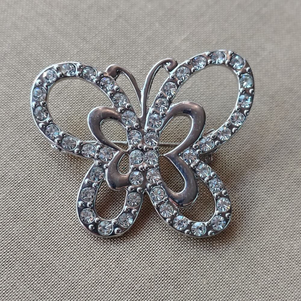 Butterfly Pin Brooch‎ Silver Tone and Clear Rhinestones